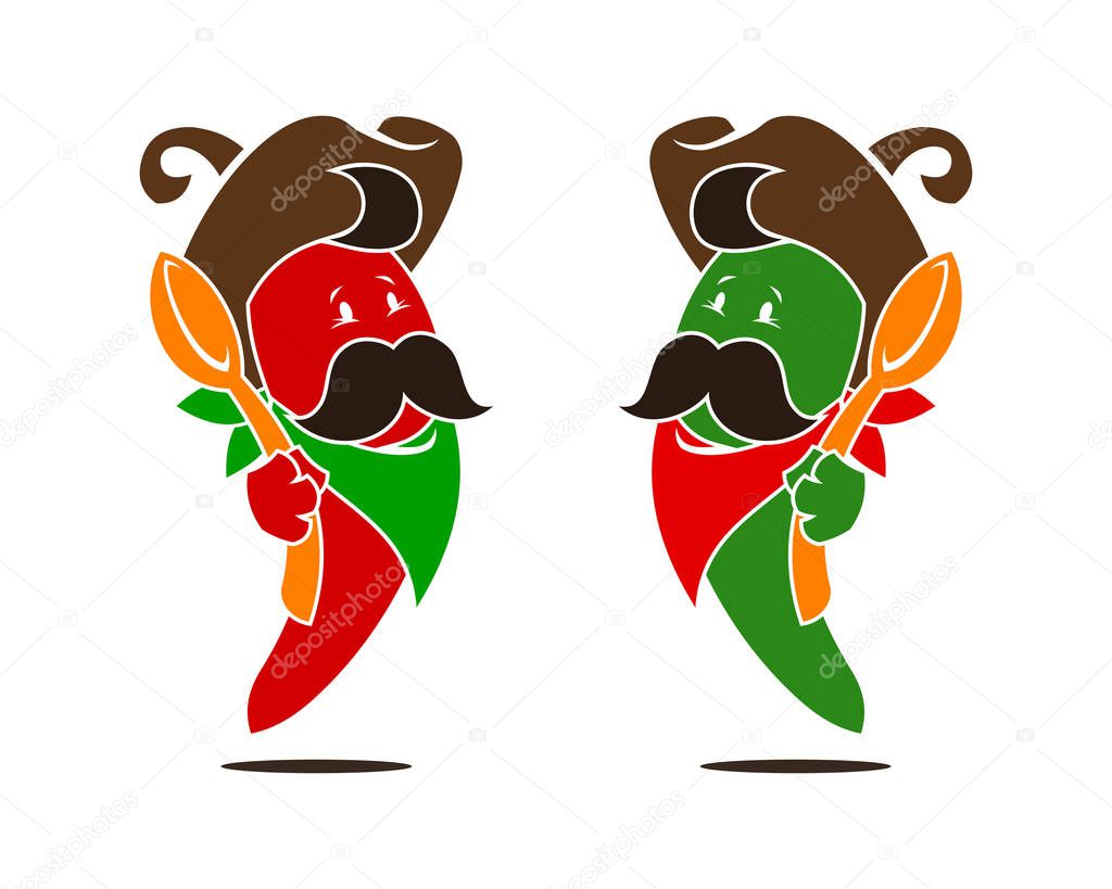 Cartoon hot chili pepper in sombrero and bandana with big spoon. Red and green mustached macho pepper chef characters.