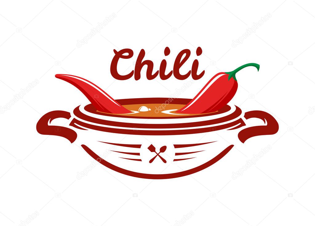 Bowl with boiling hot spicy soup with red chili pepper. Mexican food icon.