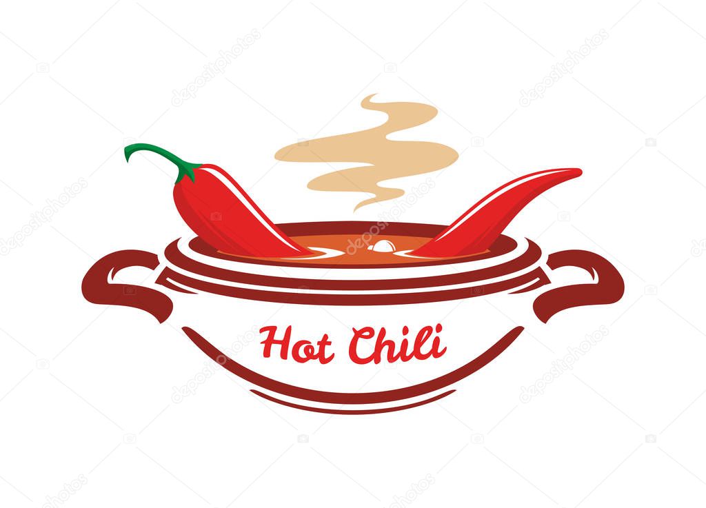 Boiling soup with chili pepper in wide pan. Stylized icon of hot spicy food.