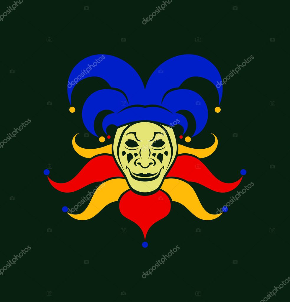 Cartoon Joker or Jester character in clown cap with bells. Joker head icon symbol.