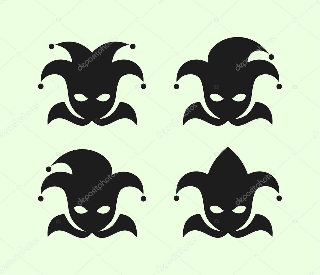 Joker symbols in clown cap with bells vector icons set