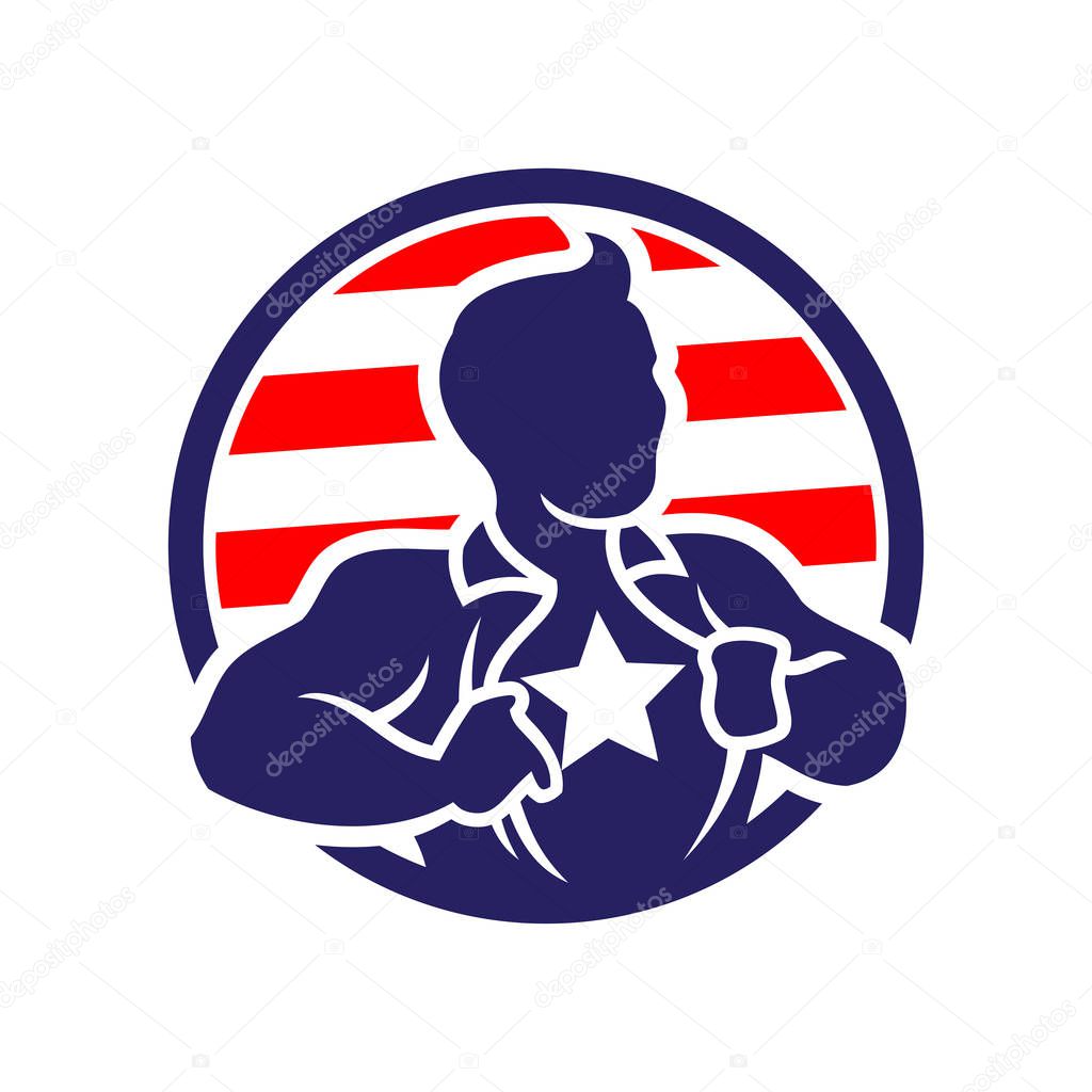 Vector icon of patriotic super hero man silhouette opening his shirt showing a star on a chest.