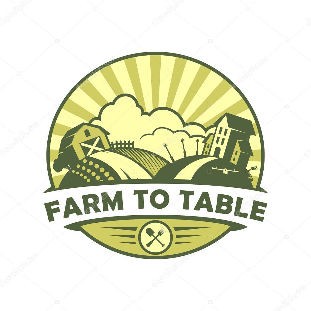Round eco style emblem Farm to table with farmhouse and school or apartment building
