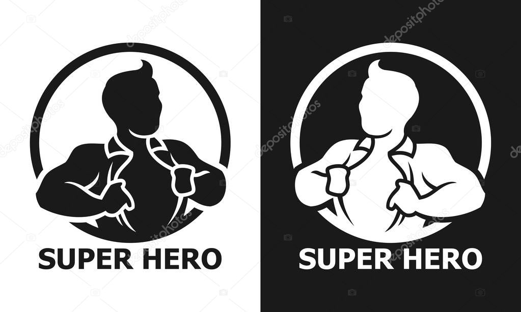 Silhouette of hero man opening his shirt showing a chest. Superman in circle vector icon.