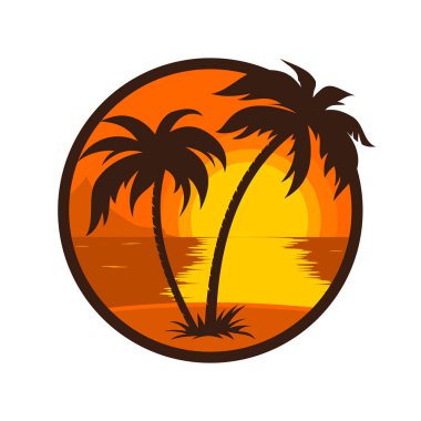 Tropical sunset with palm tree round icon clipart
