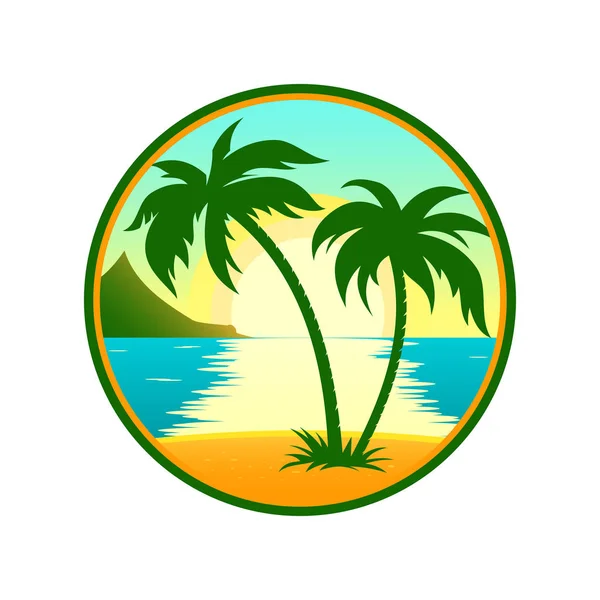 Playa tropical con palmera icono redondo — Archivo Imágenes Vectoriales