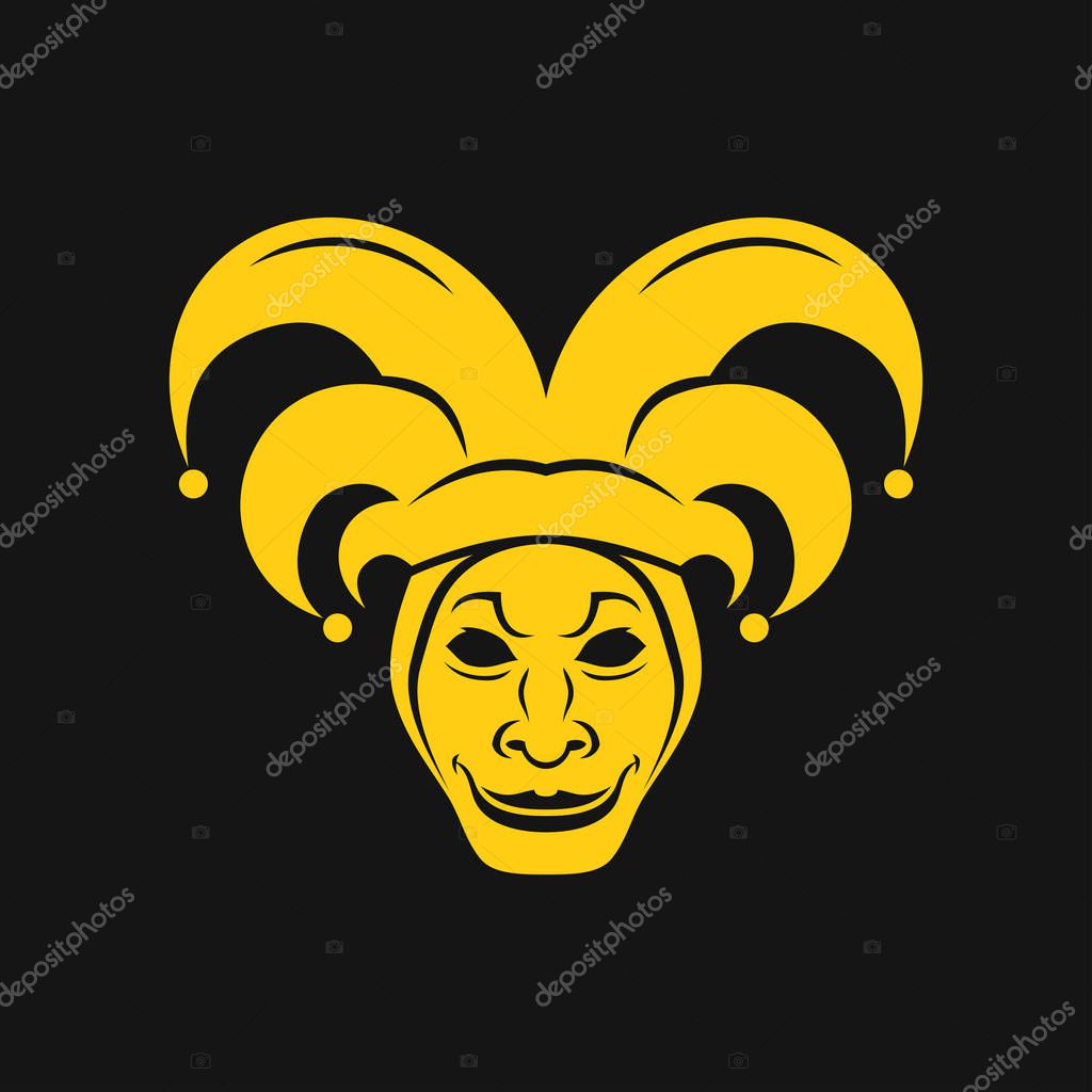 Joker or Jester face icon symbol in clown cap with bells front view