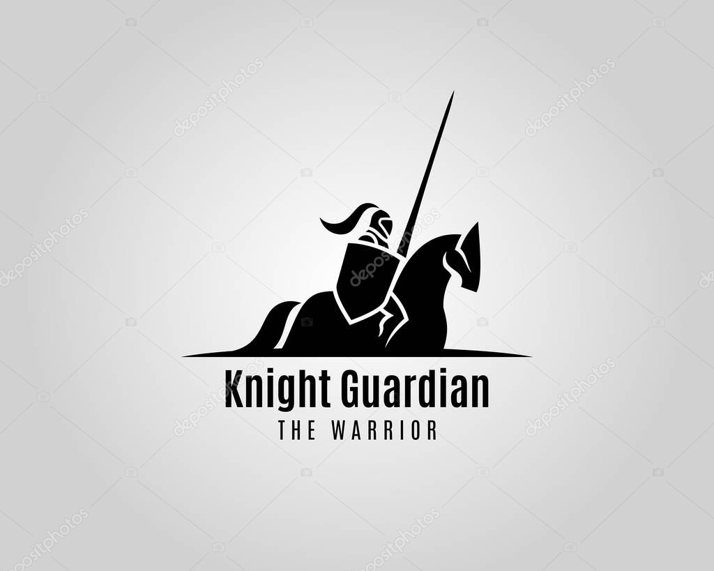 Knight guardian vector silhouette. Medieval Warrior with shield and spear on a horse.