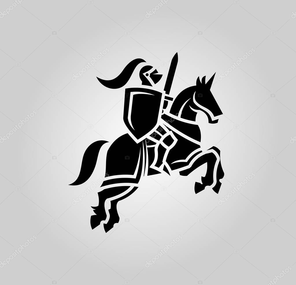 Knight guardian vector silhouette. Medieval Warrior in helmet with shield and sword on a horse