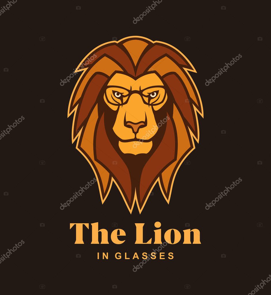 Lion head in glasses vector logo concept. Smart lion mascot character.