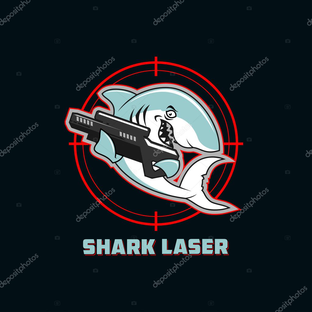 Shark character with laser gun on a dark background with target sign