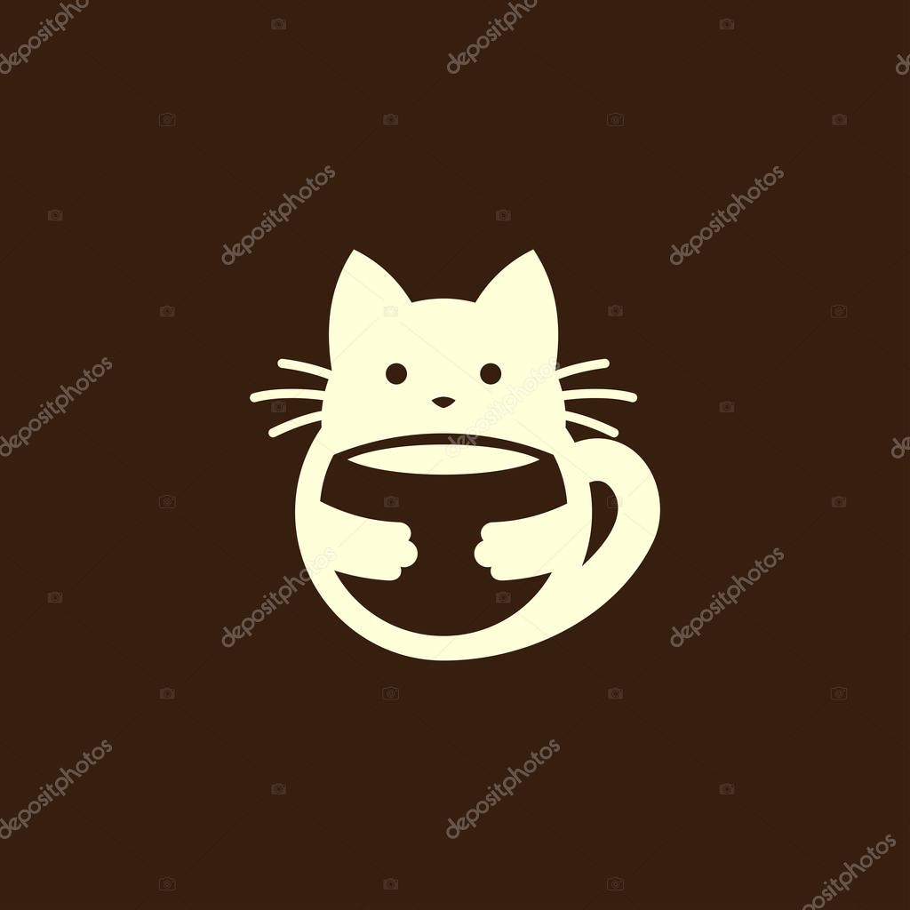 Cat with tail in shape of cup handle holds a cup or bowl - cut out vector icon