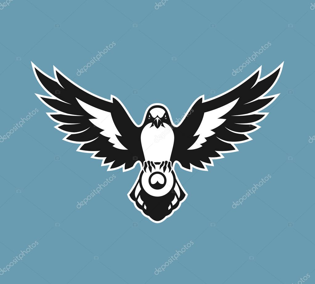 Shrike bird of prey of the Lanius family silhouette with spread wings. Bird holding a round sign with place for text or logo