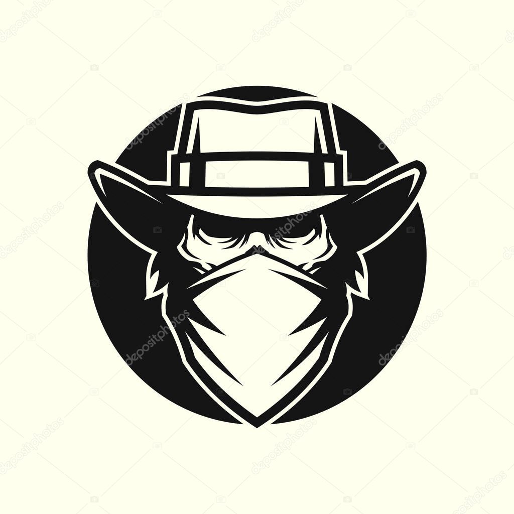 Dead man in cowboy hat and with mask or bandana on his face - round cut out vector icon or sticker