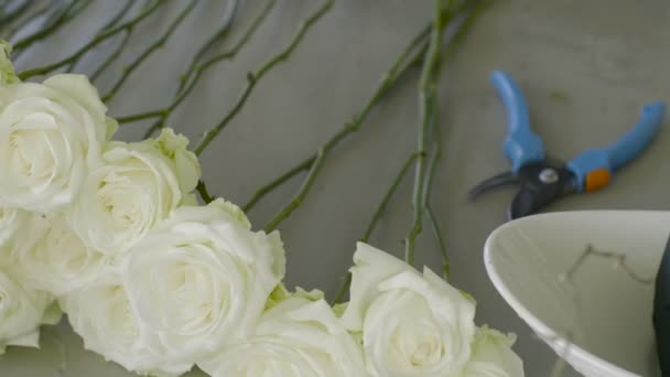 Dolly shot of man Blumenhändler arrangiert weiße Rosen für einen Strauß in einem Blumenladen — Stockvideo