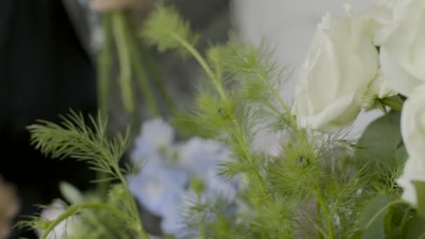 Dolly shot de fleurs et fleuriste méconnaissable dans un magasin de fleurs — Video