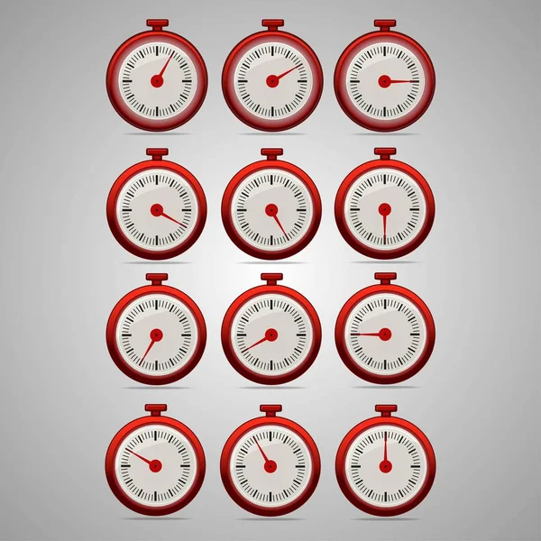 Red realistic timers, increments from 5 to 60, 5 minutes interval, 4 rows and 3 columns on gray background, for business or education. Seconds timer. Timing device. Stopwatch icon set 2. EPS 10.