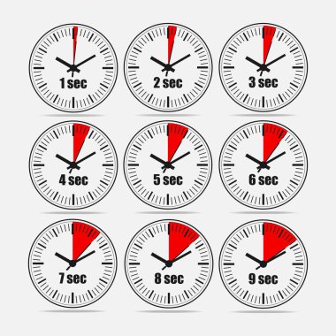 Vektör çizim, 9, 1 artışlarla bir ikinci aralığı, 3 satır ve 3 sütun iş veya eğitim için gri arka plan üzerinde. Saatler içinde düz çizmek. Saatler küme2.