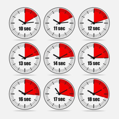 Vektör çizim, 18, 10 artışlarla bir ikinci aralığı, 3 satır ve 3 sütun iş veya eğitim için gri arka plan üzerinde. Saatler içinde düz çizmek. Saatler küme2.