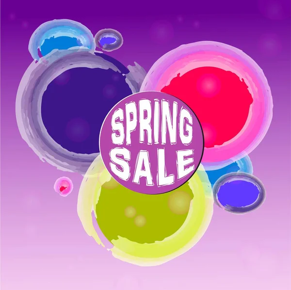 Banner Venta Primavera Temporada Ofrecen Círculos Multicolor Sobre Fondo Púrpura — Vector de stock