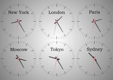 Dünya saati gösteren otel resepsiyondan duvar saatleri. Zaman New York, Londra, Moskova, Sydney, Tokyo ve Paris.