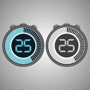 Elektronik dijital kronometre. Zamanlayıcı üzerinde gri arka plan izole 25 saniye. Kronometre Icon set. Zamanlayıcı simgesi. Zaman kontrolü. Saniye Zamanlayıcı saniye sayacı. Zamanlama cihazı. İki seçenek. EPS 10 vektör.
