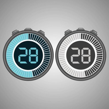 Elektronik dijital kronometre. Zamanlayıcı üzerinde gri arka plan izole 28 saniye. Kronometre Icon set. Zamanlayıcı simgesi. Zaman kontrolü. Saniye Zamanlayıcı saniye sayacı. Zamanlama cihazı. İki seçenek. EPS 10 vektör.