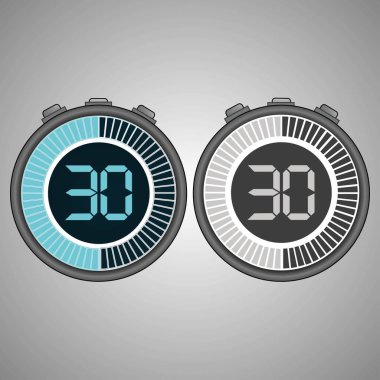 Elektronik dijital kronometre. Zamanlayıcı üzerinde gri arka plan izole 30 saniye. Kronometre Icon set. Zamanlayıcı simgesi. Zaman kontrolü. Saniye Zamanlayıcı saniye sayacı. Zamanlama cihazı. İki seçenek. EPS 10 vektör.
