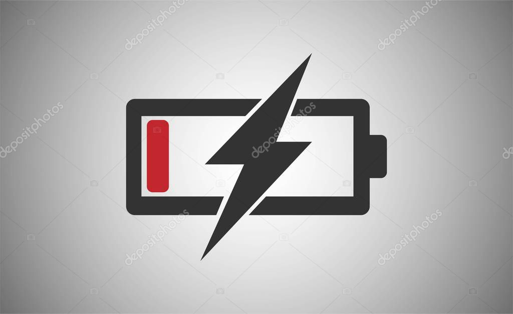 Battery charging icon in flat design on gray background.