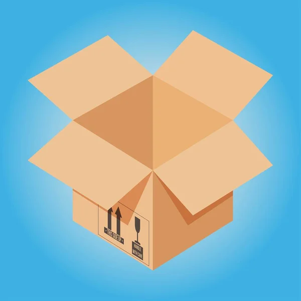 Opened cardboard box on blue background. Isometric carton packaging box with postal signs this side up fragile.