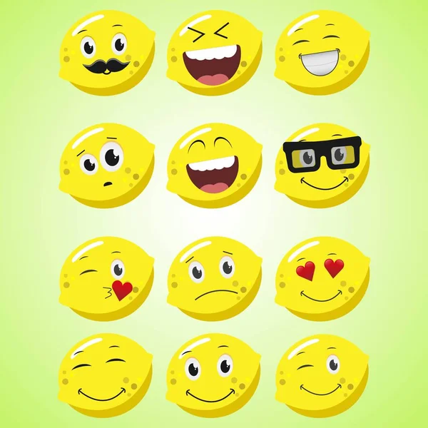 Un set di semplice limone sorridente. Un personaggio dei cartoni. Graziosa icona sorridente limone isolato su sfondo verde . — Vettoriale Stock