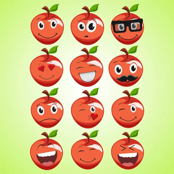 Un conjunto de simple manzana roja sonriente. Un personaje de dibujos animados. Lindo icono de manzana sonriente aislado sobre fondo verde . — Archivo Imágenes Vectoriales