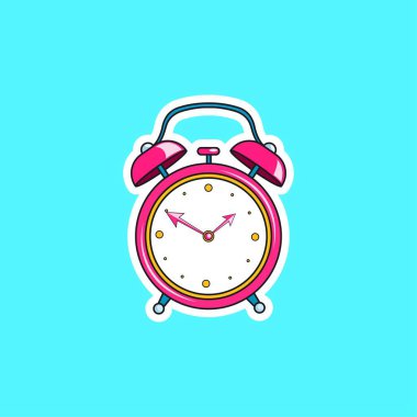 Pembe komik çalar saat. Vektör parlak dinamik çizgi film nesnesi üzerinde mavi arka plan izole retro pop sanat tarzı