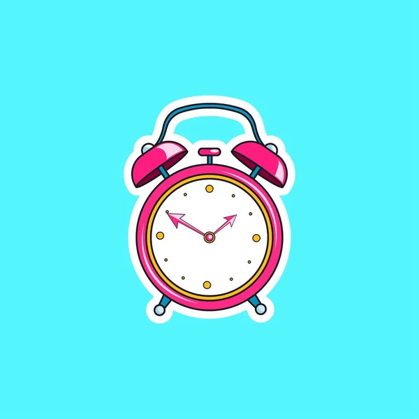 Reloj despertador cómico rosa. Vector brillante objeto de dibujos animados dinámicos en estilo de arte pop retro aislado sobre fondo azul — Archivo Imágenes Vectoriales