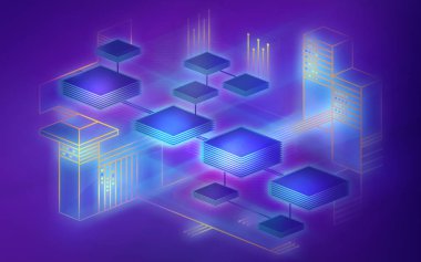 Blockchain ağ arka plan. Kavram şey Internet üzerinden veri değişimi temsil eder. Modern teknoloji cihazlar arasında bilgi alışverişi için. Çizimde mavi ve mor renkler.