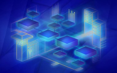 Blockchain ağ arka plan. Kavram şey Internet üzerinden veri değişimi temsil eder. Modern teknoloji cihazlar arasında bilgi alışverişi için. İllüstrasyon mavi renklerde.
