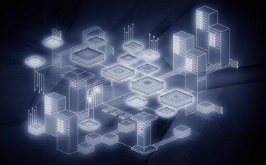 Blockchain ağ arka plan. Kavram şey Internet üzerinden veri değişimi temsil eder. Modern teknoloji cihazlar arasında bilgi alışverişi için. Çizimde tek renk mavi renk.