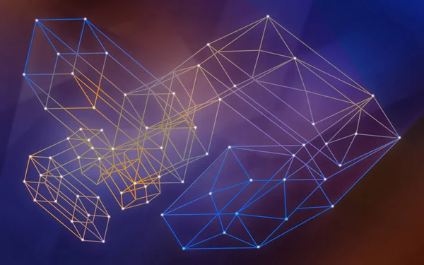 Blockchain network background. Abstract image of the concept of information exchange between the nodes of the network. Dark blue and orange colors.