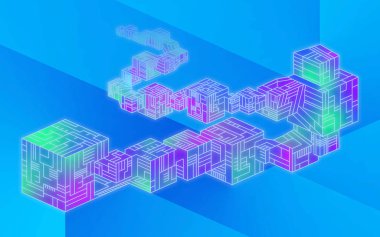 Görüntü blockchain ilk gelen geçerli blok veri blokları serisi oluşur göstermektedir. Mavi renklerde arka plan.