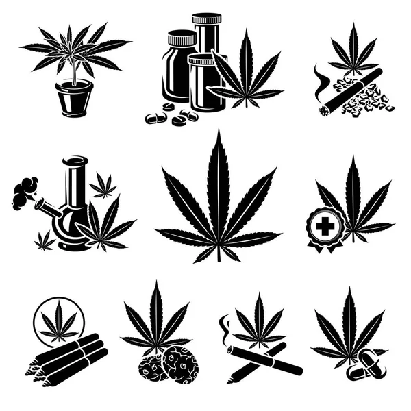 Cannabis Etiquetas Marihuana Elementos Establecidos Colección Iconos Cannabis Vector — Vector de stock