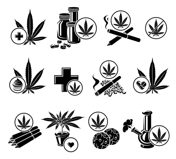 Cannabis Etiquetas Marihuana Elementos Establecidos Colección Iconos Cannabis Vector — Vector de stock