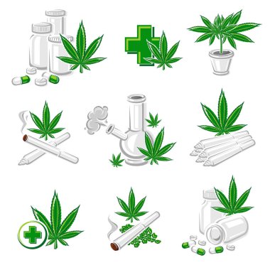 Esrar, marihuana etiketleri ve öğeleri ayarlayın. Esrar simgesi toplama. Vektör