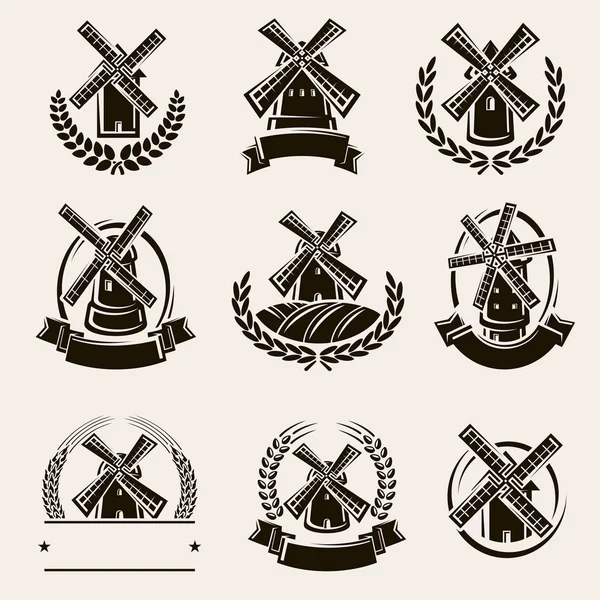 Set Etiquetas Iconos Molino Vector — Vector de stock