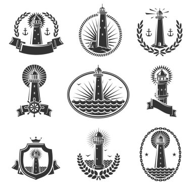 Deniz feneri etiketleri ve öğeleri ayarlayın. Vektör