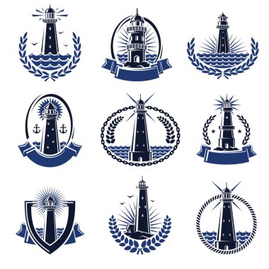 Deniz feneri etiketleri ve öğeleri ayarlayın. Vektör