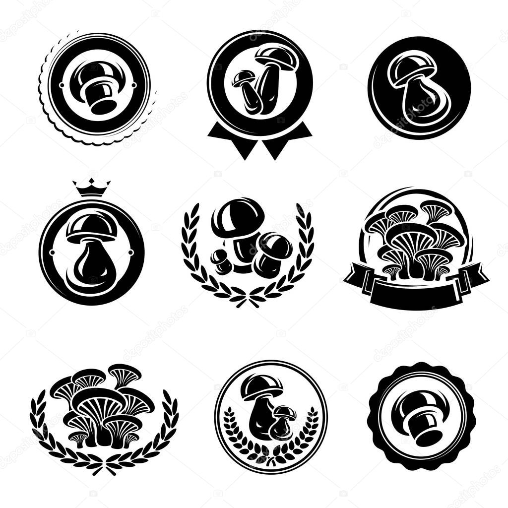 Mushrooms label and icons set. Vector