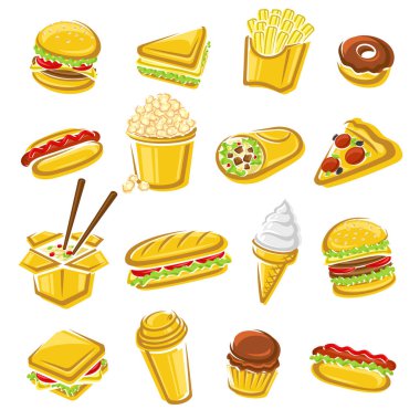 Fast food ayarlayın. Boyut ve renk, vektör düzenleme. Vektör