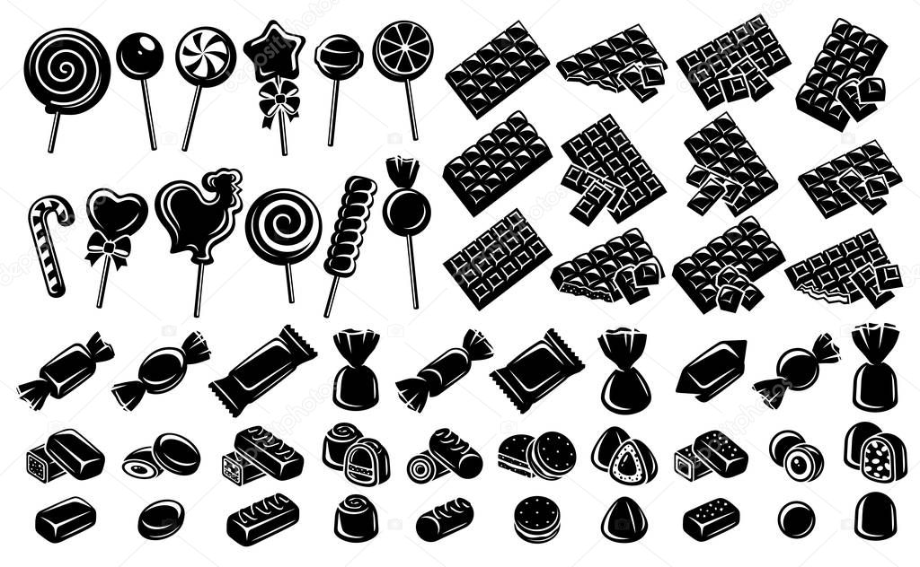 Candies, chocolate, lollipop set. Elements and icons collection. Vector