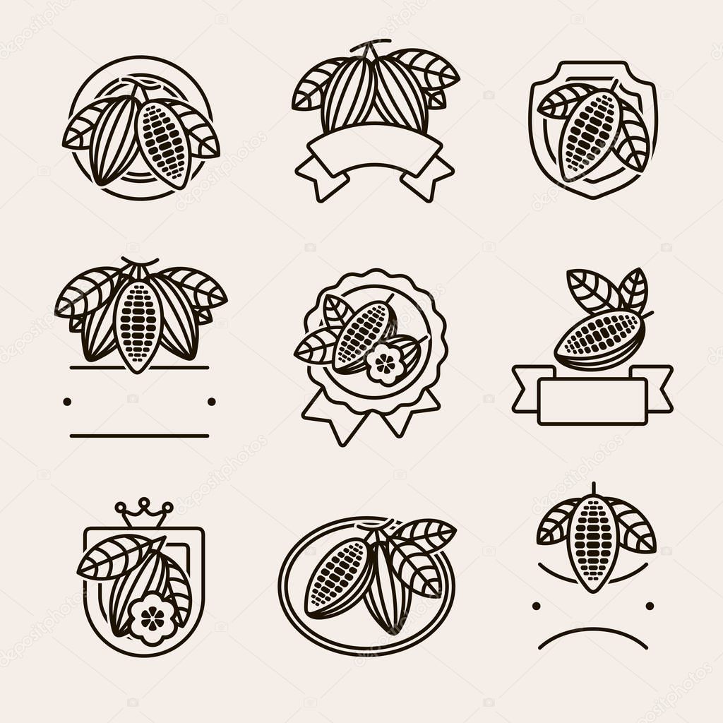 Cacao beans label and icons set. Vector