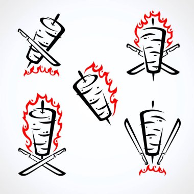 Kebap etiketleri ve elemanları ayarlanır. Koleksiyon simgesi kebaplar. Vektör